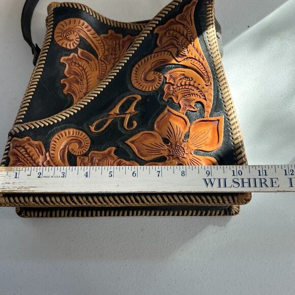 Vintage Handbag Handmade Black & Brown Leather Hand Tooled Floral - Picture 11 of 16